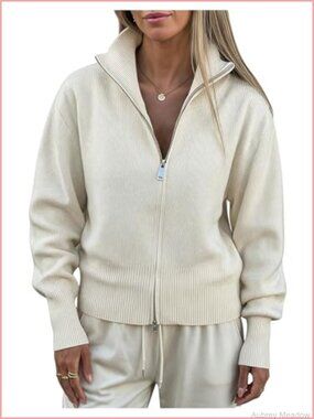 Women's Zip Up Collared Knit Cardigan Sweater Jacket Long Sleeve